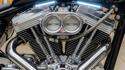 Fototapeta premium Close up of a polished chrome v-twin motorcycle engine - Generated AI.