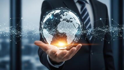 Closeup Businessman Hand holding virtual globe with network lines, representing international business expansion, globalization, and cross-border connectivity