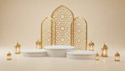 Luxury 3D Ramadan Kareem podium with golden crescent, lanterns, and elegant Islamic patterns.