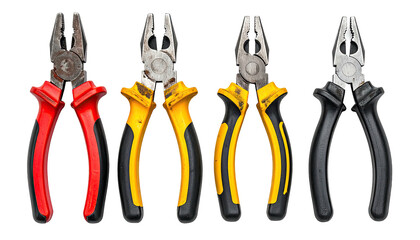Close-up of four different pliers, featuring various handle colors and tool conditions