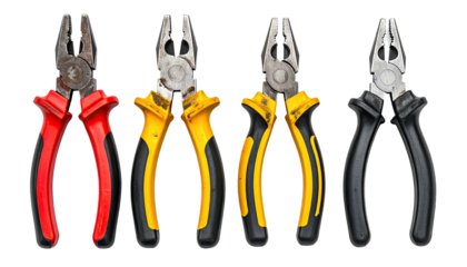 Close-up of four different pliers, featuring various handle colors and tool conditions