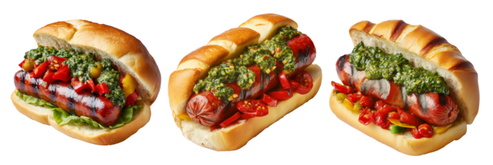 Argentina grilled sausage sandwich topped with grilled chorizo, chimichurri and sliced peppers, isolated on white background