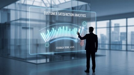 Businessman Analyzing Customer Satisfaction Analytics on Futuristic Digital Int. service quality, user feedback, and modern corporate decision making. Ideal for marketing, CRM, analytics, and business