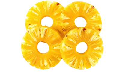 Close-up of four freshly cut, yellow-orange pineapple rings, arranged in a group