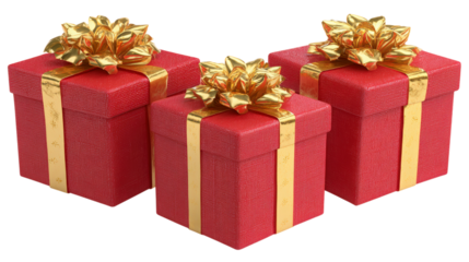 Collection of present and festive christmas gifts wrapped in red paper and decorated with gold ribbons represent abundance of joy for merry times
