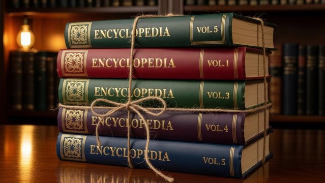 Stack of Vintage Encyclopedias Tied With Rope in a Library Setting