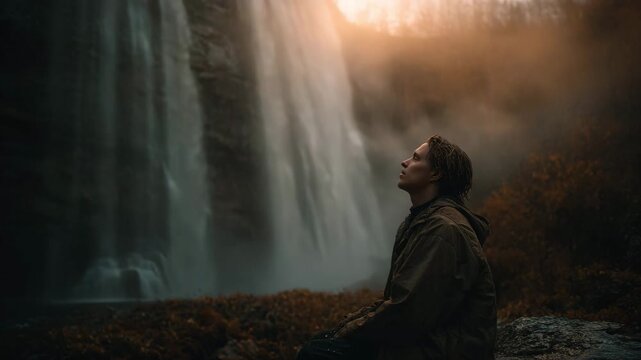 Man Finding Inner Peace Near Majestic Waterfall at Golden Hour for Mindfulness and Wellness Concept