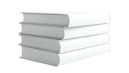 Close-up of four stacked white books with blank covers against a transparent black background