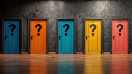 Choices: Five Colorful Doors with Question Marks Symbolizing Options, Decisions, and Opportunities in a Concrete Hallway
