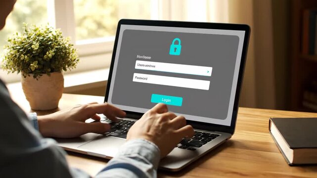 Person's hands typing login credentials on a laptop screen featuring a secure access interface.