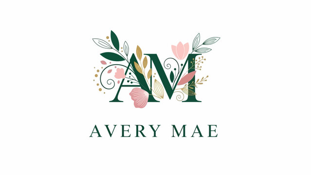 Elegant Floral Monogram Logo Design with Letters AM and Avery Mae Text.