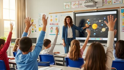 Teacher guiding students on solar system lesson using interactive smartboard in classroom
