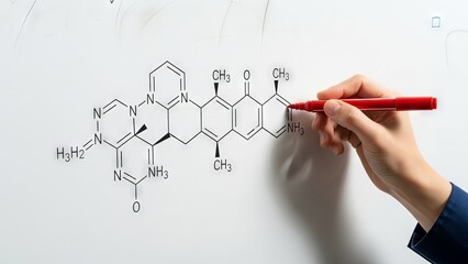 Teacher's hand drawing complex organic chemistry molecule on whiteboard