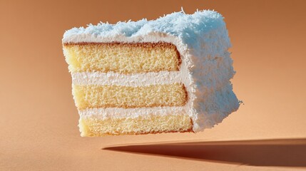 Fototapeta premium Coconut chiffon cake slice floating illusion using wire support, surreal studio photography
