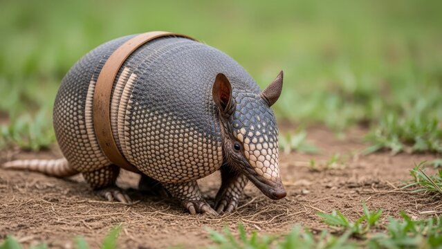 Three-banded Armadillo exploring grassy terrain with focus