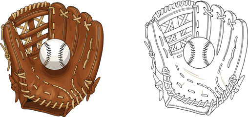 Baseball glove and ball vector illustration, color and outline versions, leather sports equipment isolated