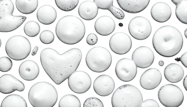 Close-up of frothy white soap bubbles on a black background, various shapes and sizes - Powered by Adobe