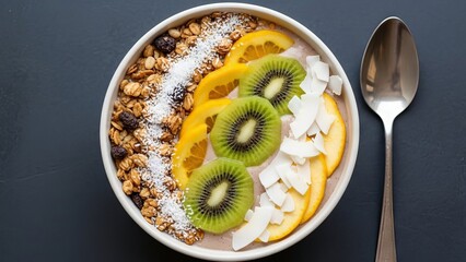Tropical Smoothie Bowl with Kiwi, Orange, Granola, and Coconut