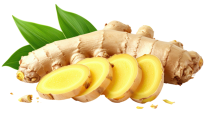 Close-up of ginger root with slices and green leaves on a transparent background