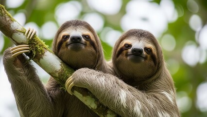 Obraz premium Two Adorable Three-Toed Sloths Resting Together on a Tree Branch Amidst Lush Green Foliage