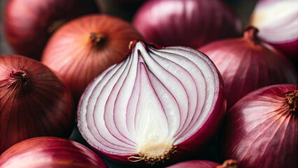 Different types of onions with one cut in half showing layers and colors on a wooden surface in bright light
