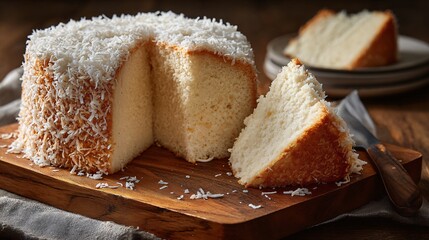 Coconut chiffon cake sliced unevenly, home-baked imperfection storytelling