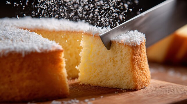 Coconut chiffon cake sliced with electric knife, motion blur captured, side-angle shot, professional bakery environment