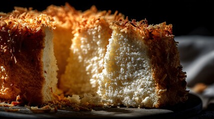 Fototapeta premium Coconut chiffon cake torn open by hand, macro crumb texture focus, no plate visible, dramatic side lighting