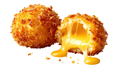 Close-up of golden-brown fried food with melty cheese oozing from the center, on a black background