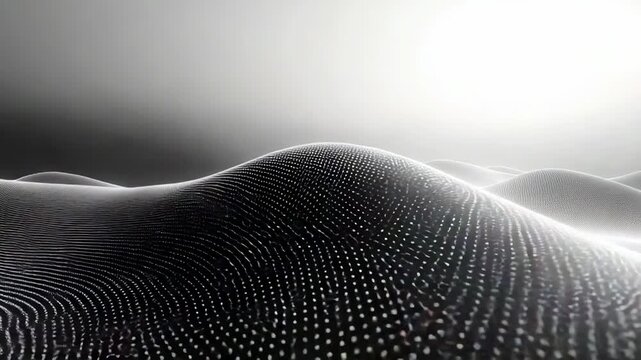 Abstract digital landscape showing a futuristic wavy surface made of interconnected dots, creating a complex textured pattern with data visualization and technological themes