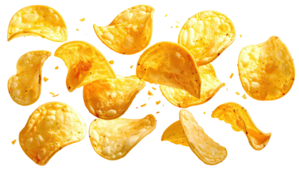 Close-up of golden-brown, thin, crispy potato slices, slightly seasoned, isolated on black