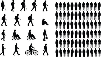 Human walking silhouettes set, people activities icons, diverse movement poses, accessibility and transportation vector illustration