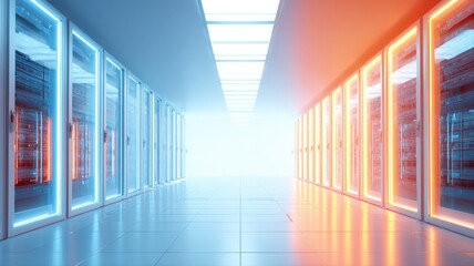 Data center hallway with server racks glowing blue and orange representing hot and cold aisles
