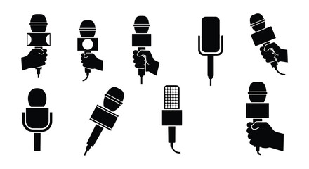 A collection of diverse microphone styles in black silhouette illustrations © nurjahan