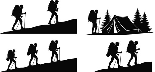 Hiking backpacker silhouettes set, outdoor adventure trekking, mountain camping with tent, nature exploration vector illustration