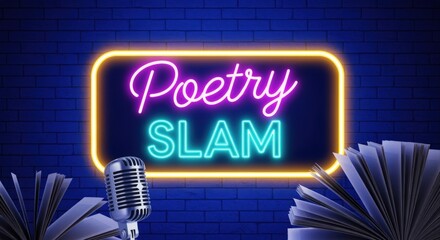Poetry Slam Event Neon Sign with Microphone and Books on a Blue Brick Wall