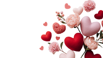 Elegant valentine's day floral heart design featuring romantic pink roses, peonies, hearts and pastel colors on transparent backdrop for love themed projects