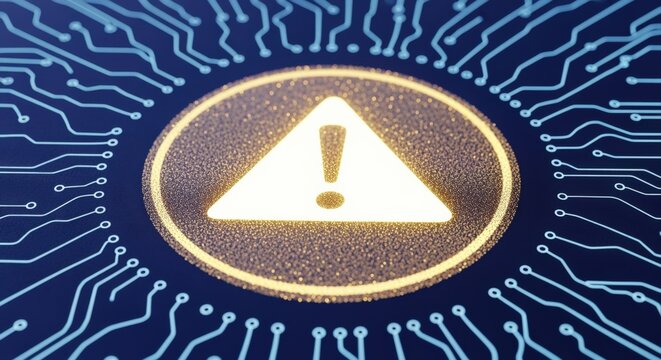 Cybersecurity Alert: Digital Warning Sign with Exclamation Point on Circuit Board Background - Powered by Adobe