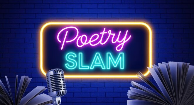 Poetry Slam Event Neon Sign with Microphone and Books on a Blue Brick Wall