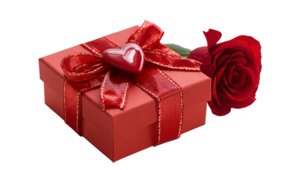 Enchanting scarlet present with luxurious band and loving heart paired with captivating rose conveying warm affection for memorable celebrations