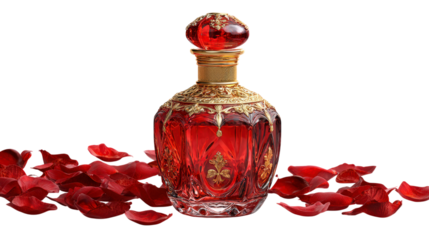 Exquisite red glass perfume bottle with golden accents surrounded by delicate rose petals creating romantic elegant atmosphere on transparent backdrop