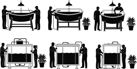 Industrial manufacturing process silhouettes set, workers operating production tanks, factory workflow, quality control vector illustration