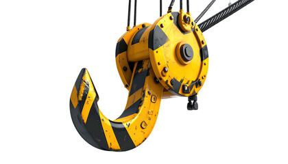 Close-up of industrial hook, painted yellow and black, suspended from steel cables against black
