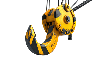 Close-up of industrial hook, painted yellow and black, suspended from steel cables against black