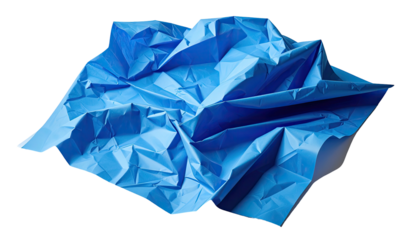 Close-up of intensely crumpled blue paper, showing various folds and textures against black background