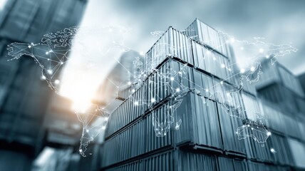 Global Logistics Network: Shipping Containers with Digital World Map Overlay for International Trade and Supply Chain Management