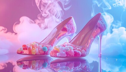 A pair of shoes made of sugar glass and spun sweets, standing on a mirrored floor.