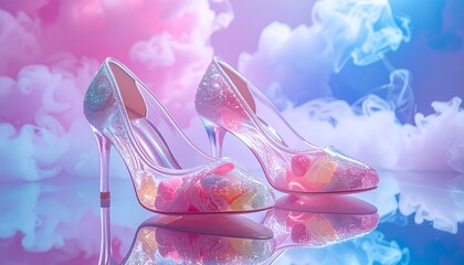 A pair of shoes made of sugar glass and spun sweets, standing on a mirrored floor.