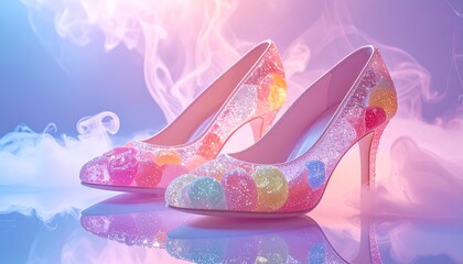 A pair of shoes made of sugar glass and spun sweets, standing on a mirrored floor.