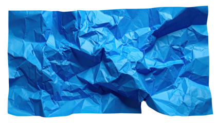 Close-up of intensely crumpled bright blue paper, showing many folds and textures